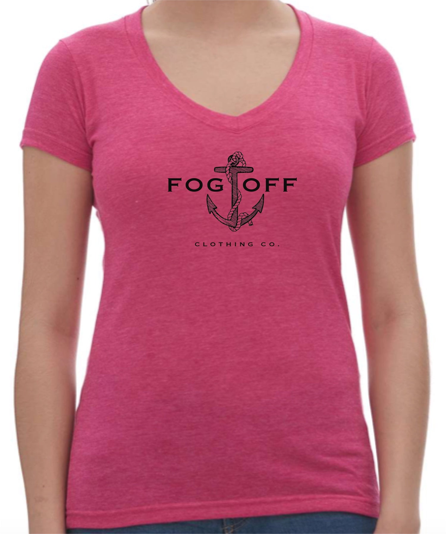 FOG OFF WOMAN'S V-NECK TEE ANCHOR LOGO, BADASS LOGO, BRANCHED HEAD LOGO, FINGER LOGO FOG OFF CLOTHING FOG REPRESENTS MENTAL FOG, 