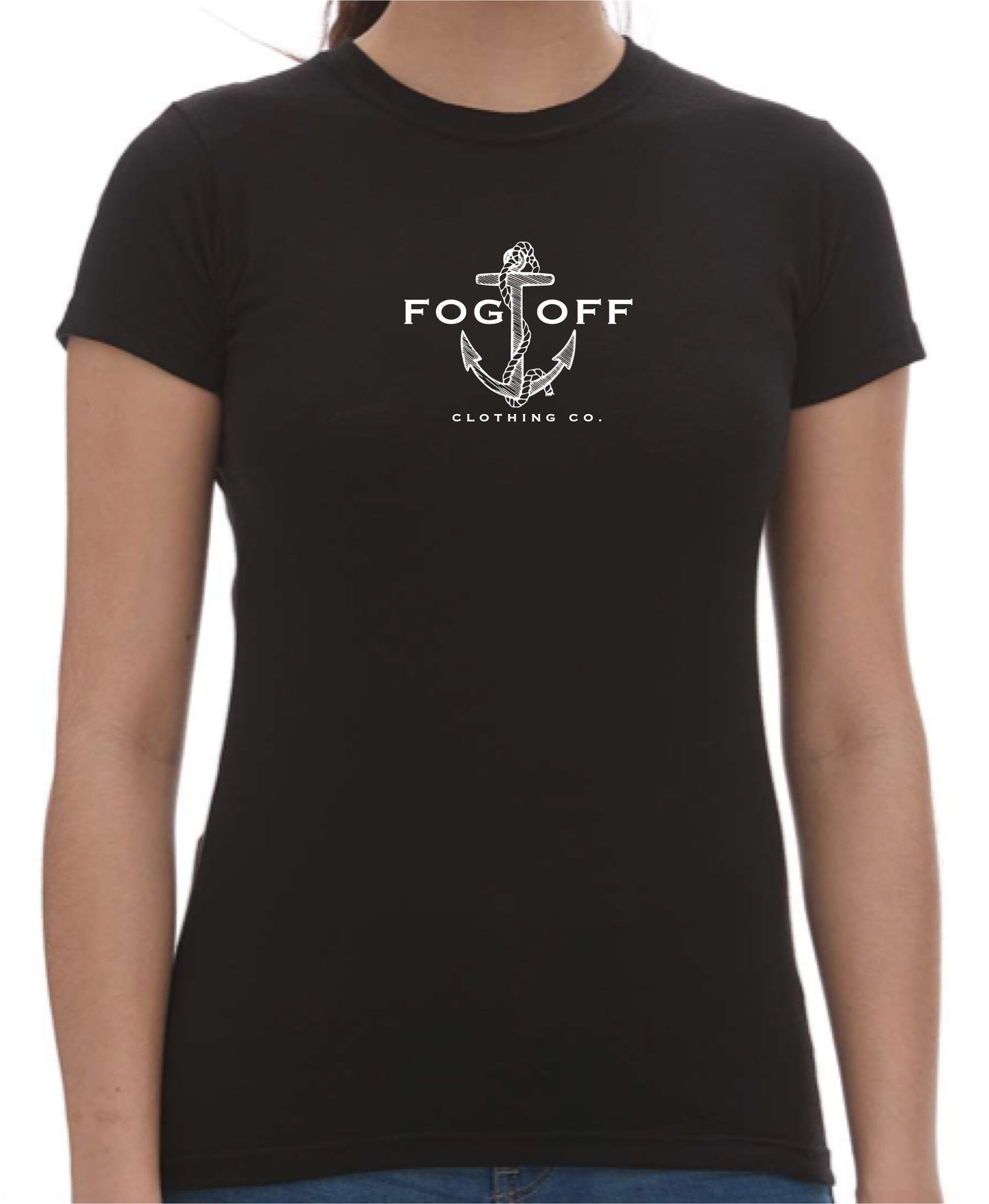 FOG OFF WOMAN'S V-NECK TEE ANCHOR LOGO, BADASS LOGO, BRANCHED HEAD LOGO, FINGER LOGO FOG OFF CLOTHING FOG REPRESENTS MENTAL FOG, CREATING AWARENESS OF MENTAL HEALTH, FIGHTING STIGMA, CANADIAN BRAND,